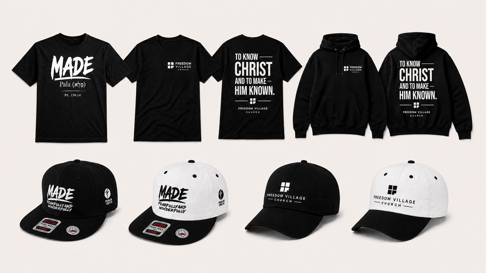 Freedom Village Church merchandise collection including shirts, hoodie and embroidered caps